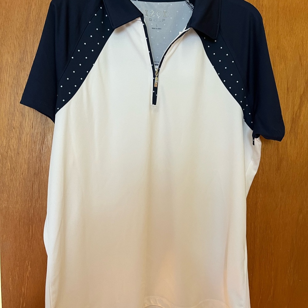 Women’s size Large IZOD Golf short sleeve quarter zip shirt, white and navy